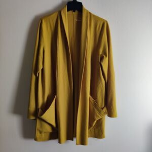 Eliee Fisher Size Large 100% Wool Cardigan Shawl Dark Yellow Pockets Sweater
